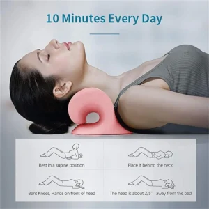 Woman lying on cervical neck traction device at home for posture correction
