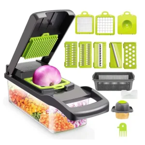All-in-one vegetable chopper mandoline slicer and cheese grater with collection container