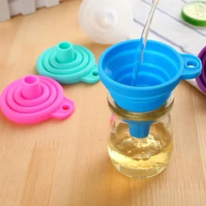 Collapsible silicone funnel shown flat folded and open expanded side by side comparison