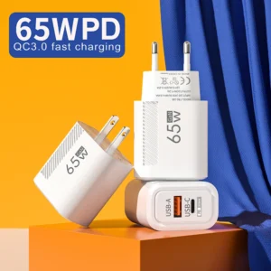 65W GaN charger size comparison next to traditional laptop brick showing how much smaller GaN technology is