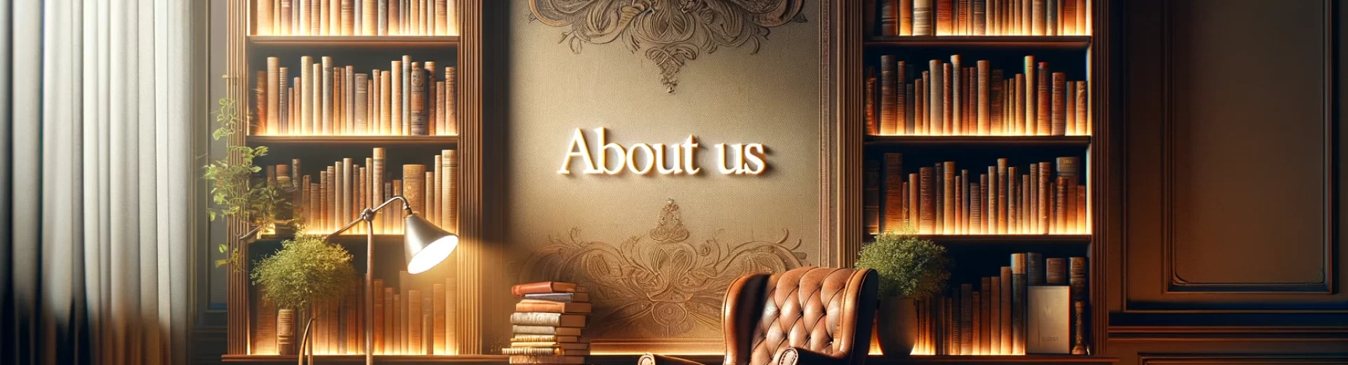 HD banner image for an 'About Us' page that subtly incorporates the phrase 'About Us' into a serene reading environment. The scene should be